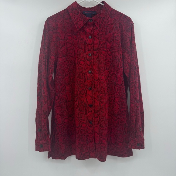 Denim Co Top Women Large Red Long Sleeve Button Up Snake Print Western Stretch - Picture 1 of 10